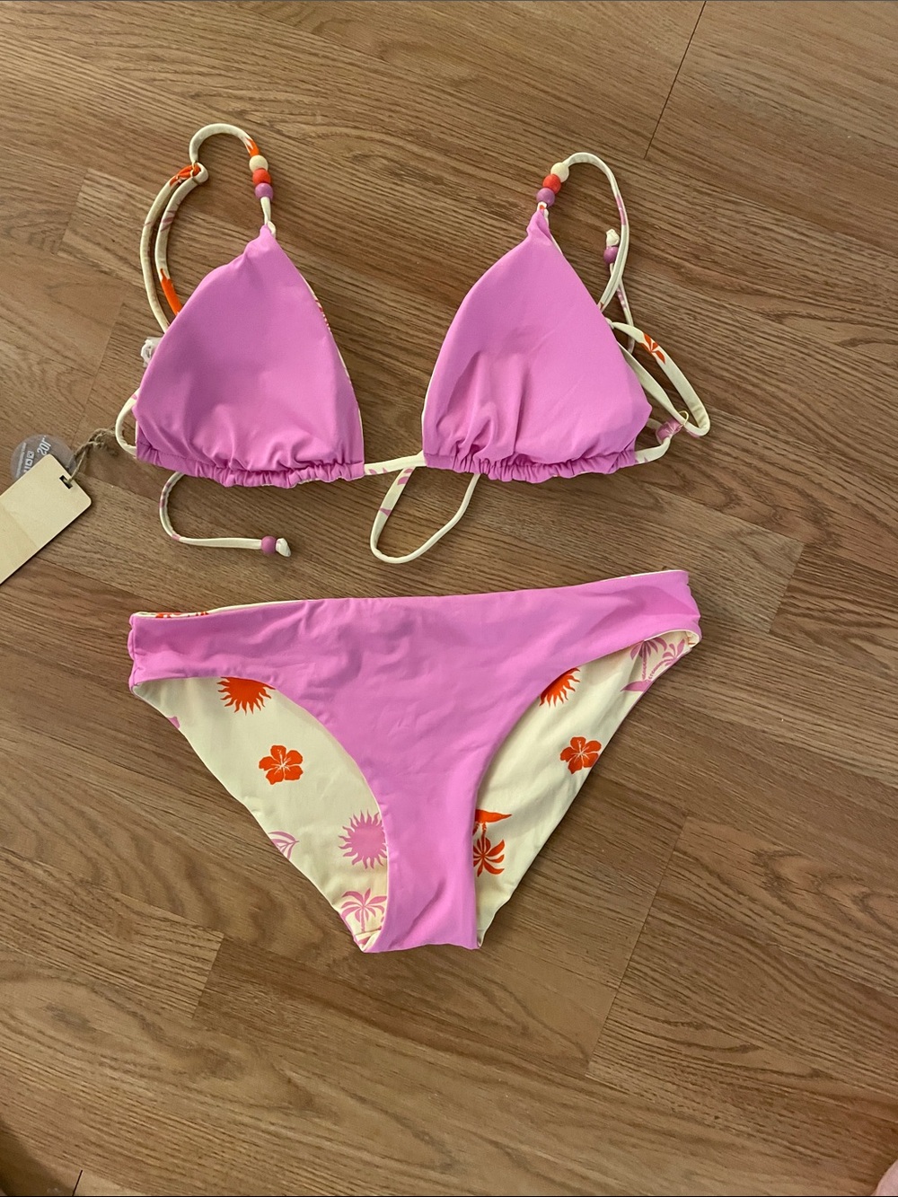 Cabana del Sol Reversible Bikini Large Tropical Floral Beaded Triangle Swimwear - Picture 3 of 7